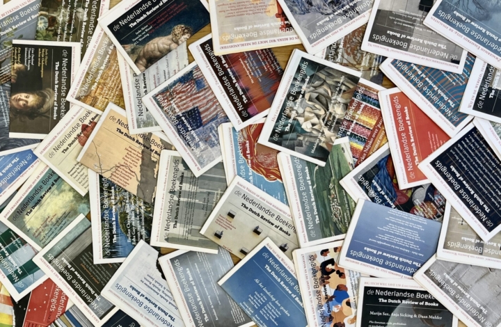 Dozens of issues of The Dutch Review of Books spread across a surface.