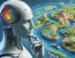 A humanoid robot with a colourful, swirling brain gazes thoughtfully at a miniature landscape, illustrating the question of whether AI truly thinks.