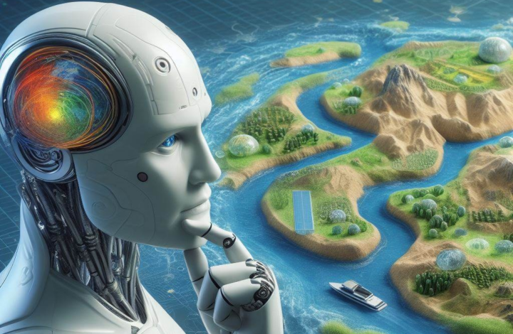 A humanoid robot with a colourful, swirling brain gazes thoughtfully at a miniature landscape, illustrating the question of whether AI truly thinks.