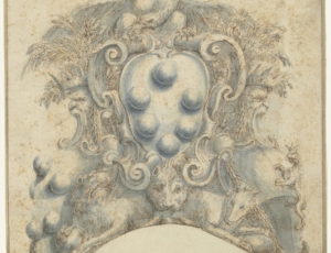 Het wapen van de familie Medici, geflankeerd door twee alliantie-wapens, met de heraldische dieren.