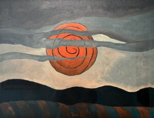 Red Sun by Arthur Dove, abstract painting of red sun above the horizon